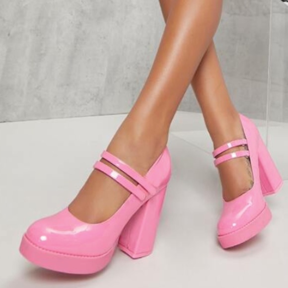 New Pink Patent Mary Jane Platform Chunky Heel Pumps - Picture 1 of 4